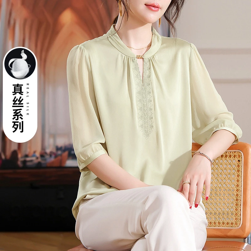 年轻妈妈夏装桑蚕丝上衣洋气新款中老年女时尚真丝t恤母亲衣服