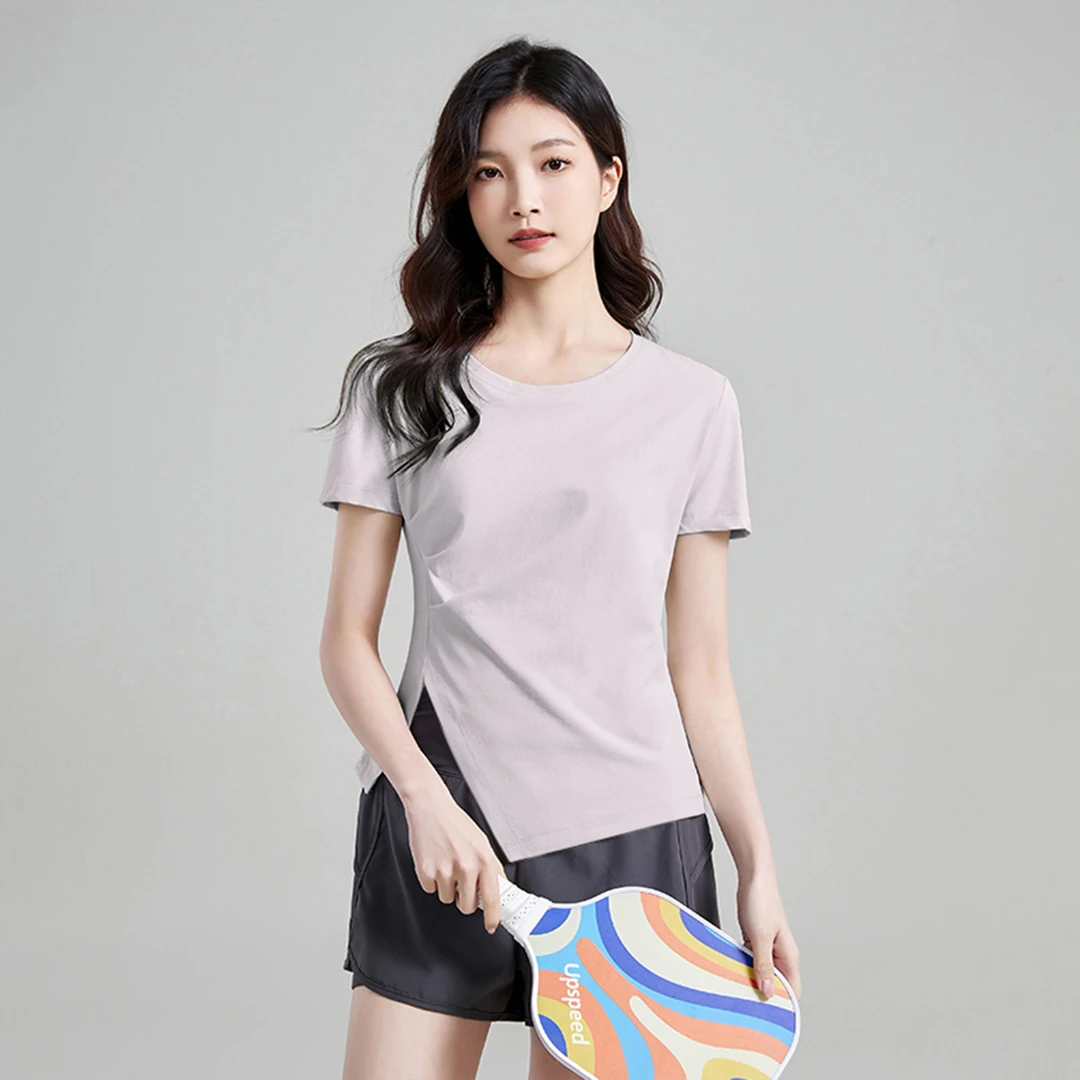 茵曼浅紫色T恤女25年新款正肩设计感不规则褶皱开叉抗菌防晒短袖