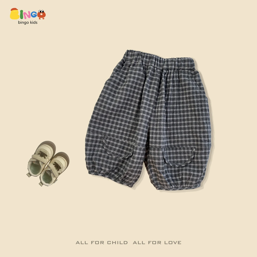 【货号227】儿童夏季纯棉格子短裤深灰