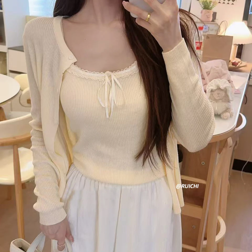 秋季慵懒风~少女氛围感针织开衫套装上衣纯欲风蕾丝蝴蝶结拼接