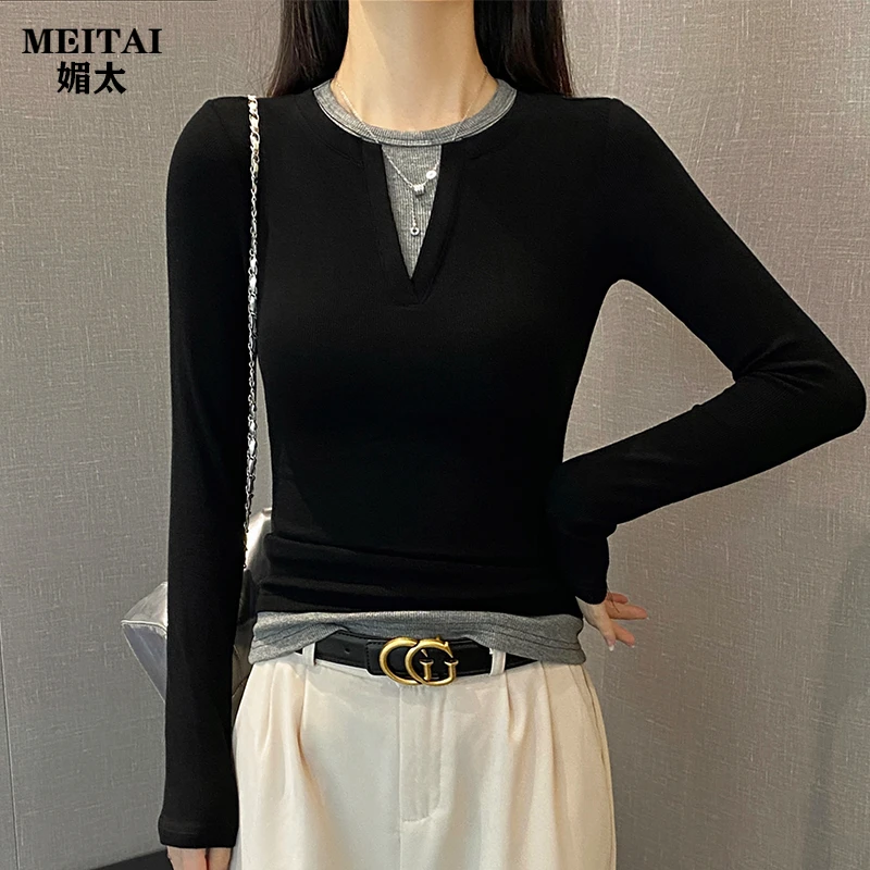 MEITAI媚太螺纹假两件长袖t恤女春秋修身显瘦打底衫内搭针织上衣