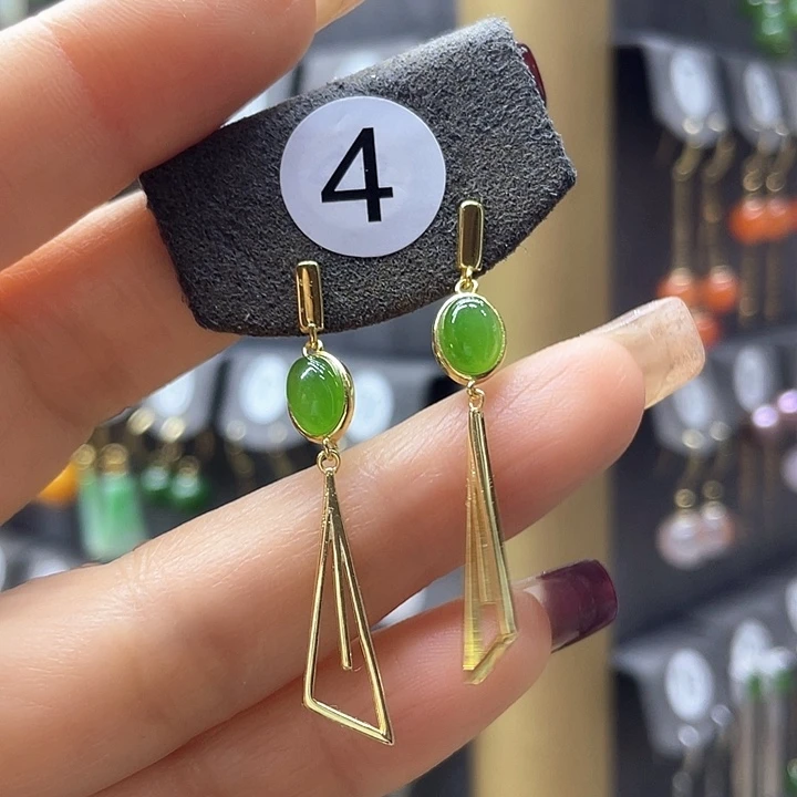 和田玉耳饰银S925镀金镶嵌