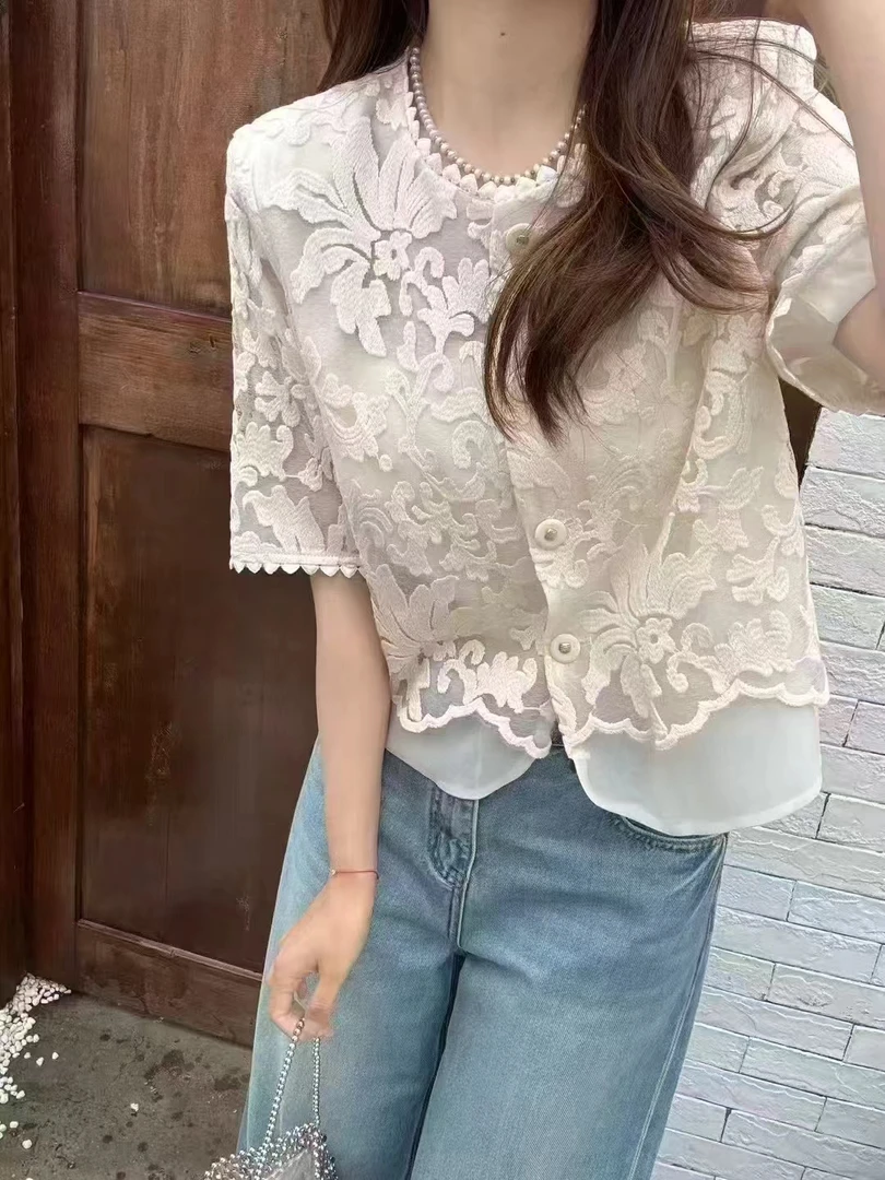 分码双层夏季气质百搭重工刺绣短袖复古