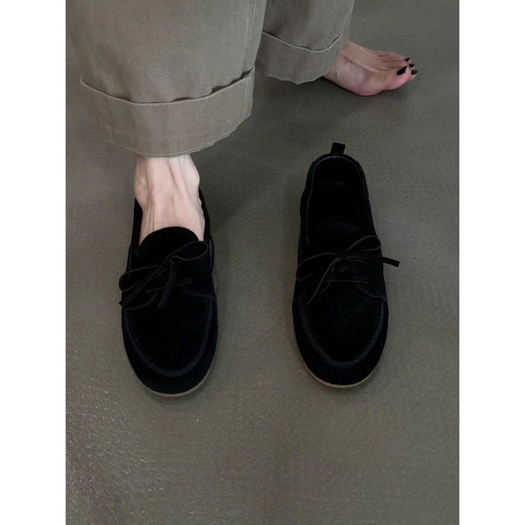 羊皮版~2025新款英伦风舒适一脚蹬系带深口软皮软底圆头乐福鞋女