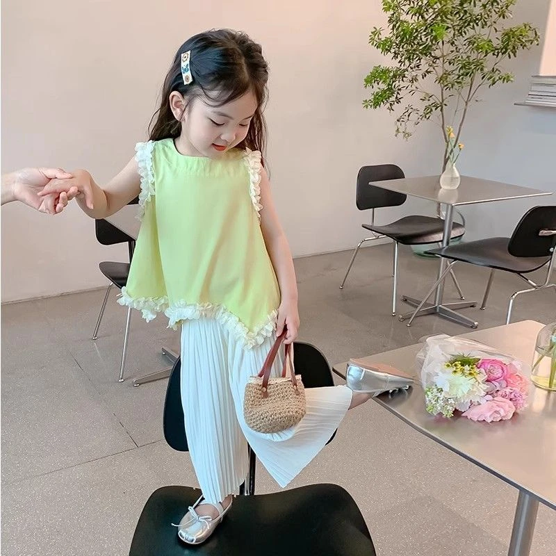 女童儿童绿色花边套转现货韩版裙套装洋气棉女2025新款夏季6555