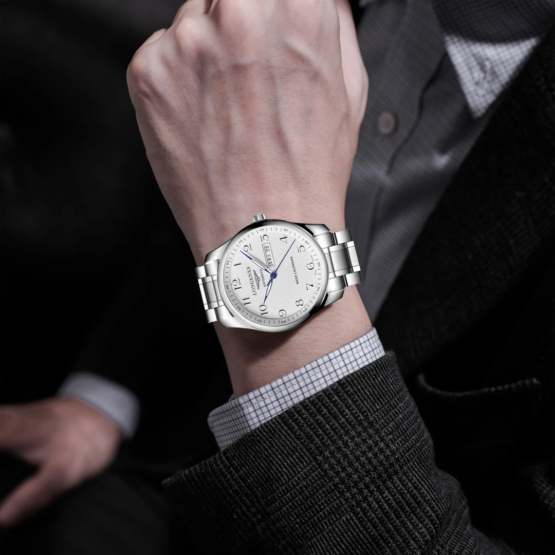 经典男士双日历夜光全自动男士机械腕表大表盘防水白钢男表送人