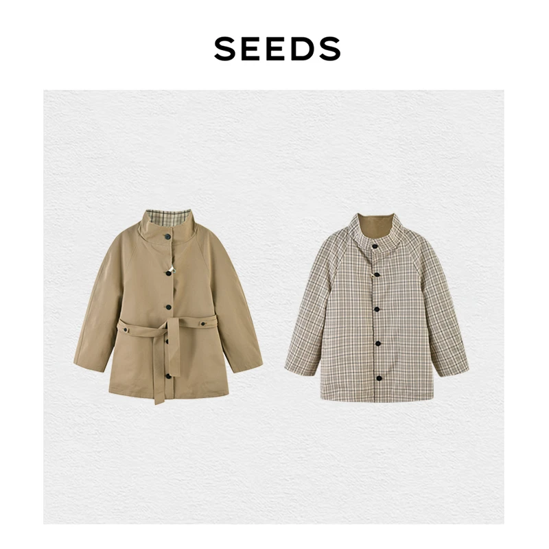 【双面格调】SEEDS STUDIO天丝棉双面穿复古松弛格纹立领风衣外套