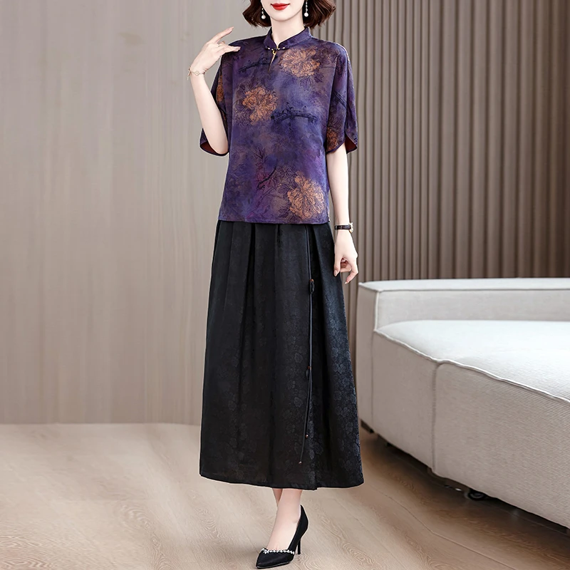 夏季新款高档套装女改良旗袍新款中式仿真丝上衣妈妈装半裙两件套