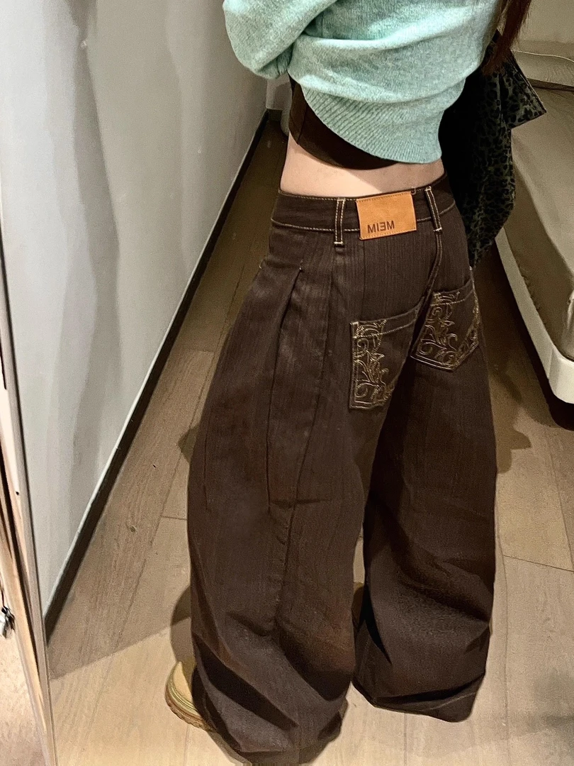 BINXLAN绣花美拉德复古棕色裤子女秋冬弯刀直筒宽松阔腿牛仔裤
