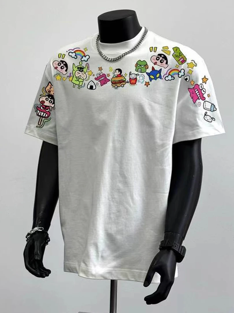 300g重磅纯棉蜡笔小新印花街头卡通ootd百搭圆领短袖T恤男女同款