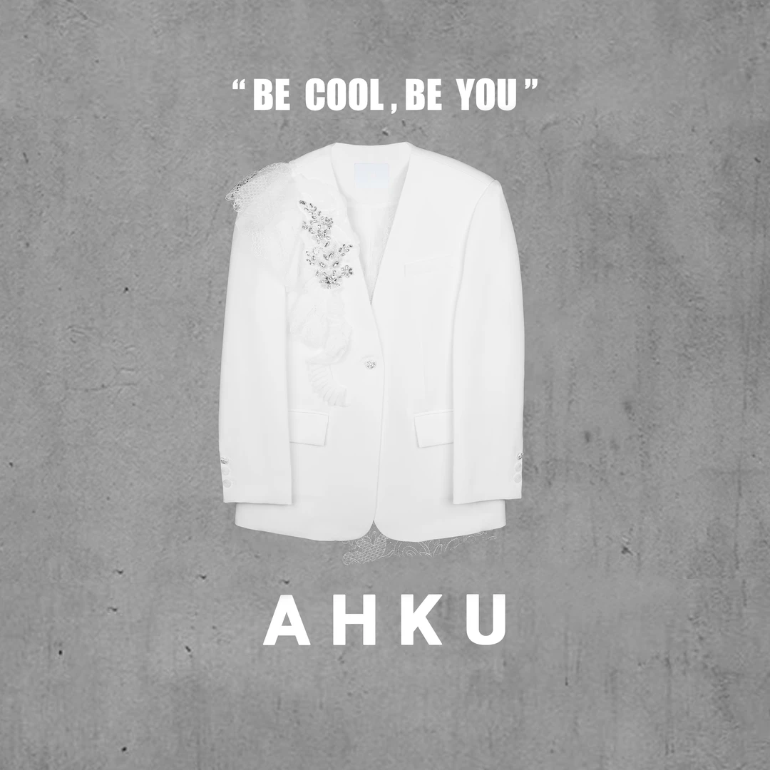 AHKU|小众独立原创设计白色蕾丝钉珠无领廓形西装外套55551