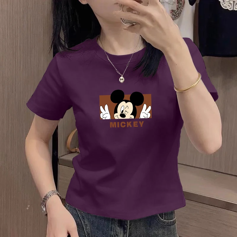正肩紫色短袖t恤女装夏季修身半袖胖mm大码显瘦体恤洋气印花上衣
