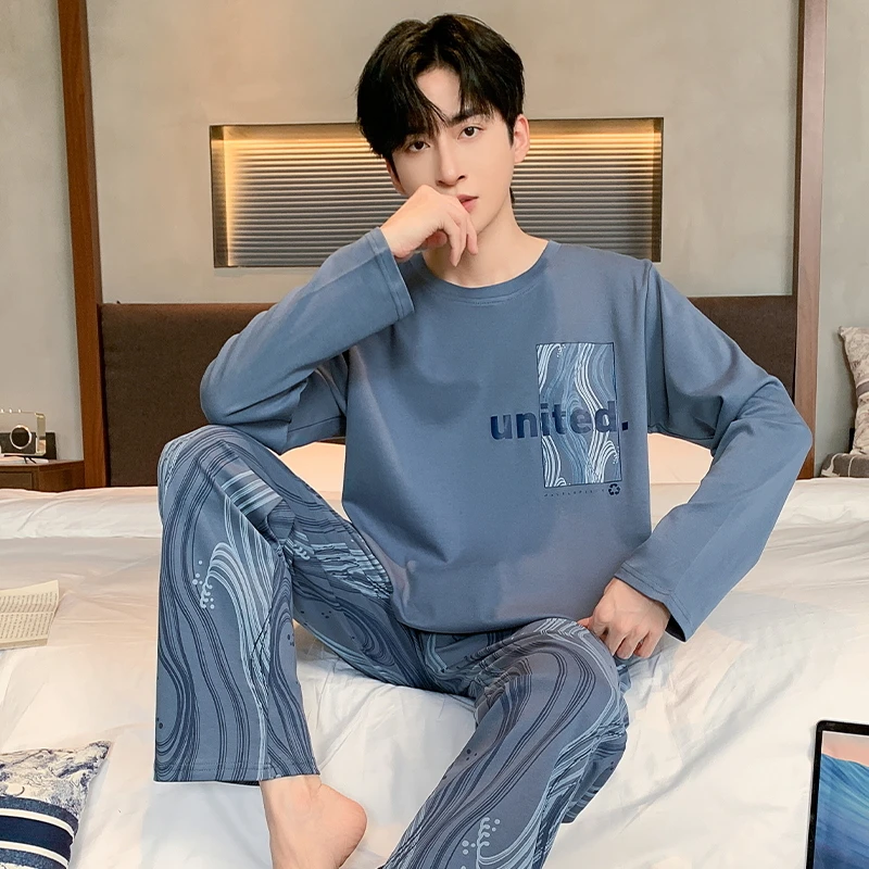 春秋季男款纯棉长袖长裤睡衣套装休闲宽松大码韩版家居服