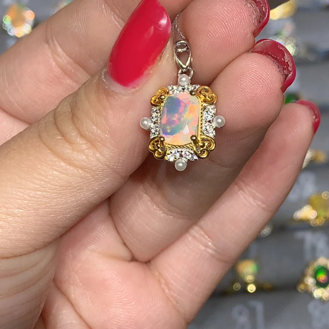 银S925镶嵌欧泊欧泊吊坠l暗*