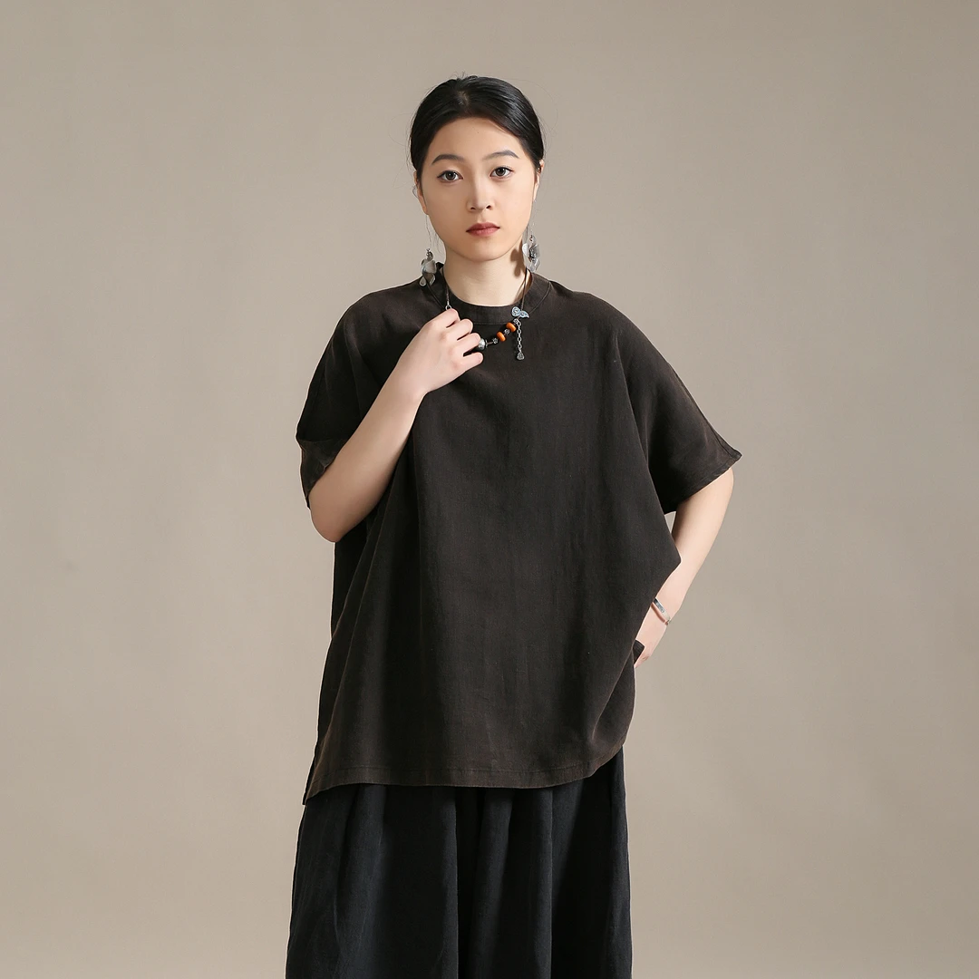 【以之】设计师品牌原创大版宽松亚麻一粒扣短袖上衣女