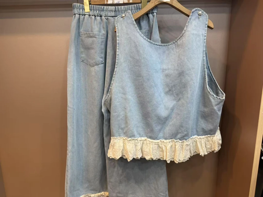 X003 夏季新款韩系气质蕾丝拼接无袖马甲阔腿裤套装女