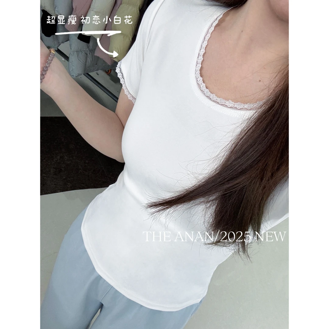 【ANAN】小白花~简约纯色花边领针织短袖AN-K47
