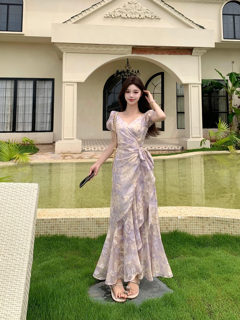 绑带通勤风法式印花大码一片式连衣裙短袖V字领系带小香风长裙