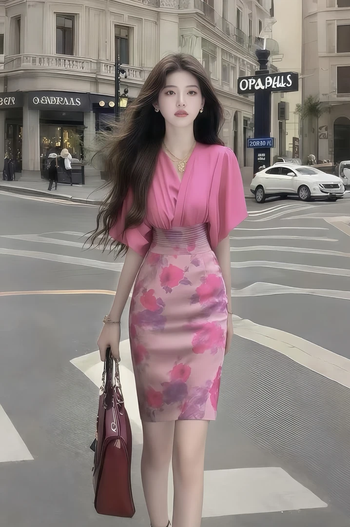 温柔纯欲千金风氛围感V领短袖收腰显瘦两件套时尚玫红色短裙套装