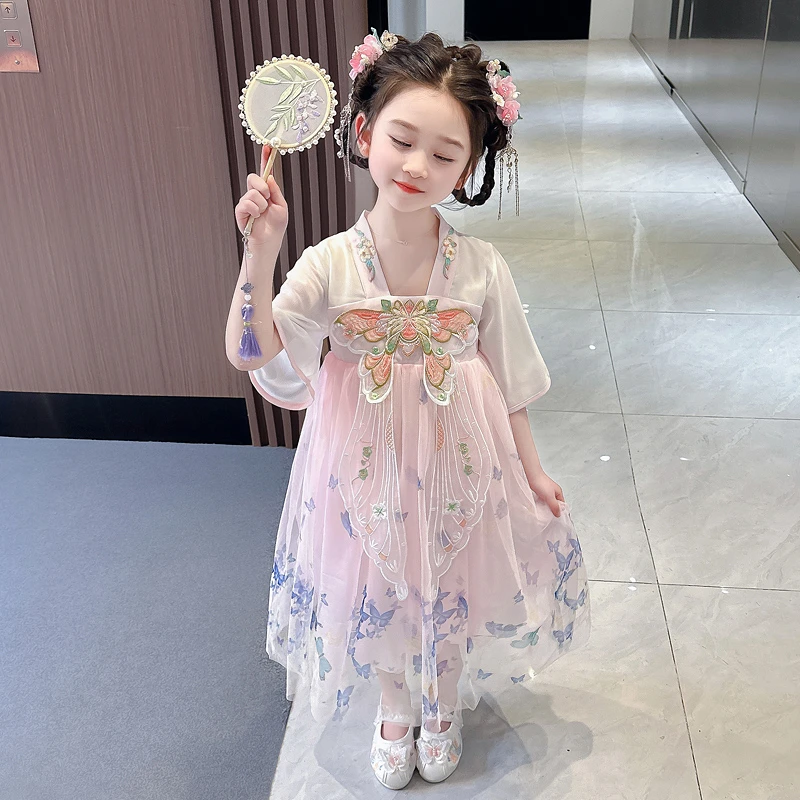 女小童汉服演出服夏款女宝宝古典唐装公主裙小女孩国风蝴蝶连衣裙