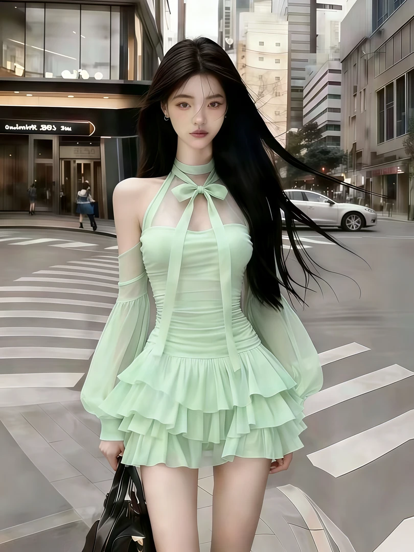 轻奢时尚气质高级千金风浅绿色圆领挂脖露肩网纱褶皱长袖收腰裙子