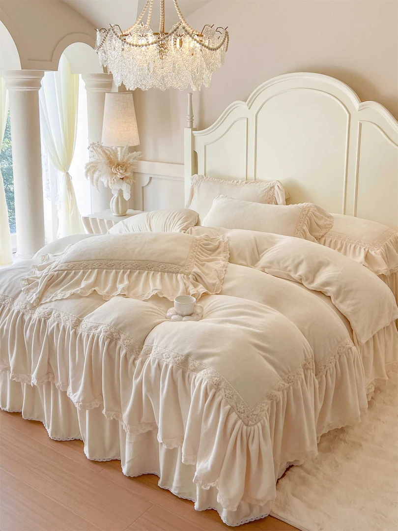 水星高端适用家纺冬季公主风加厚牛奶绒床上四件套法式大花边珊瑚