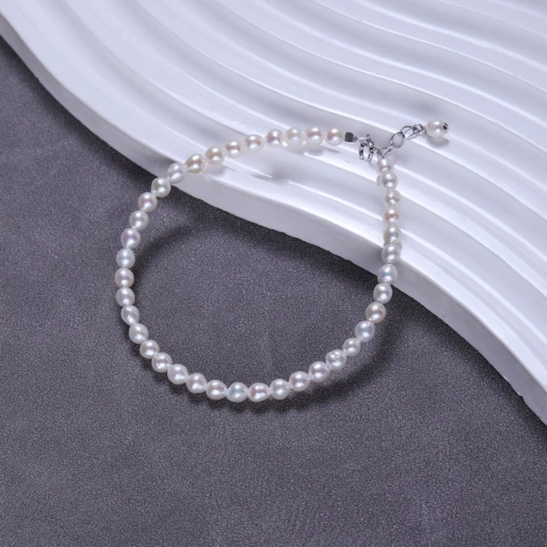 天然米形珠手链3.5-4.0mm淡水珍珠S925银素款16.5cm+3cm延长链