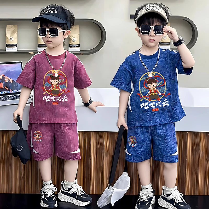 2025夏季新款儿童哪吒闹海短袖套装男童卡通T恤洋气短裤两件装潮