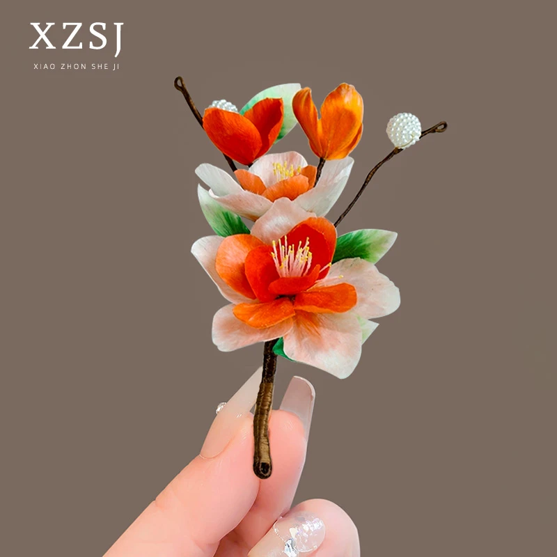 铜胸针 「映山红」原创设计非遗蚕丝绒花别针国风手工胸花汉服配饰