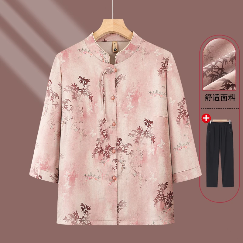 2025奶奶装阔太太气质装大码妈妈装洋气中老年夏季宽松印花中袖