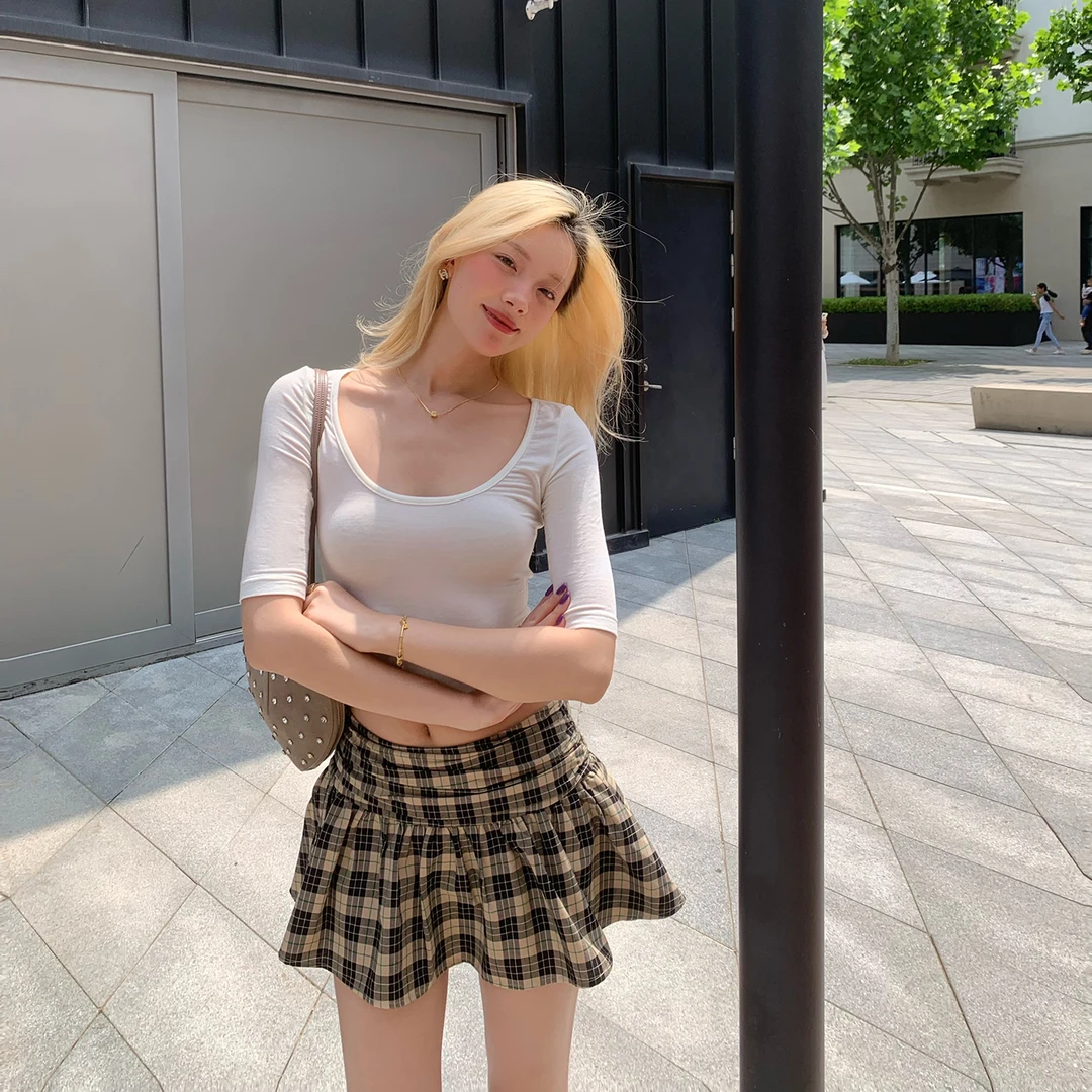 8uioio【现现】 韩系复古格纹半身裙女夏高腰a字短裙 K50651334