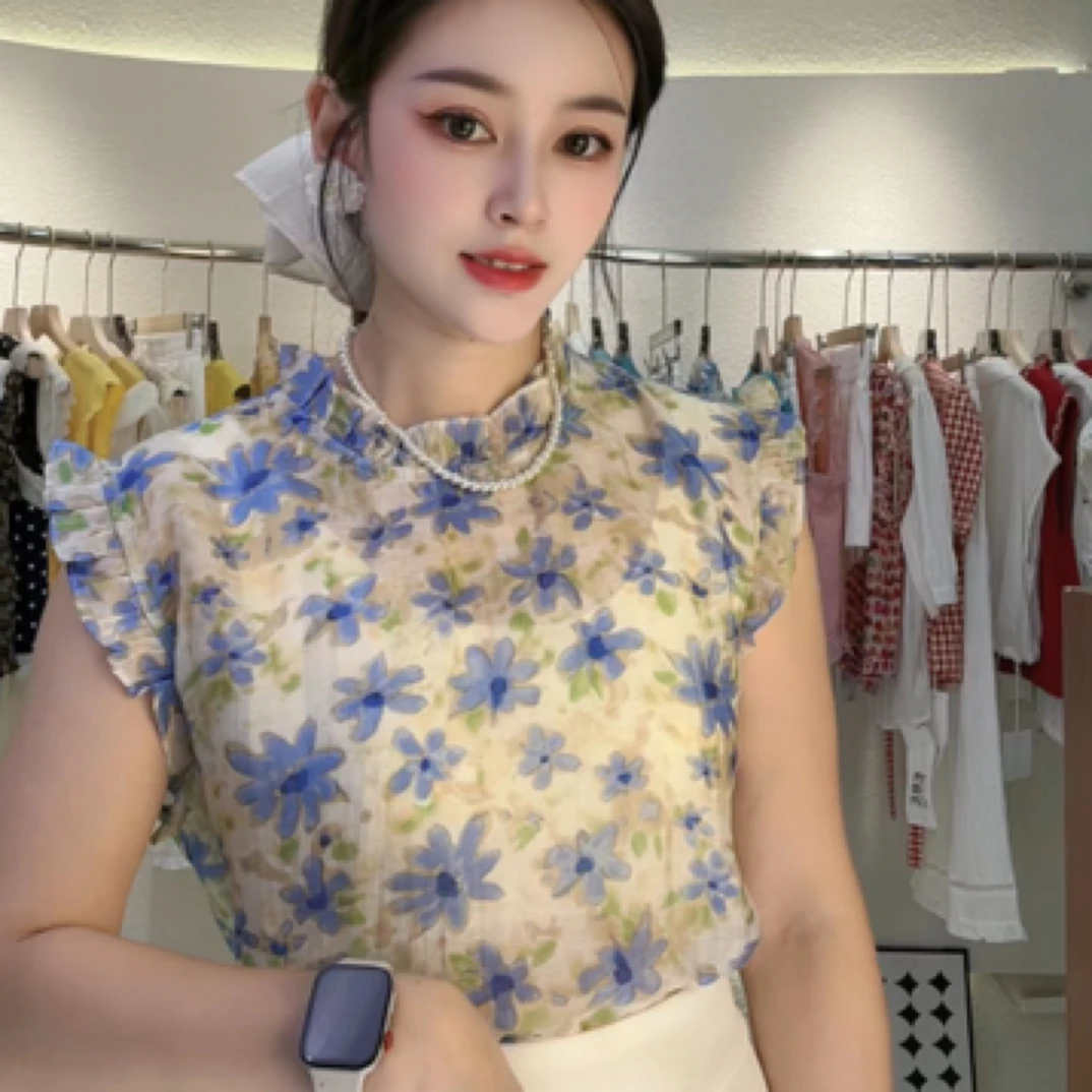 夏季新款韩版时尚百搭显瘦薄款木耳边无袖衬衫女小衫上衣