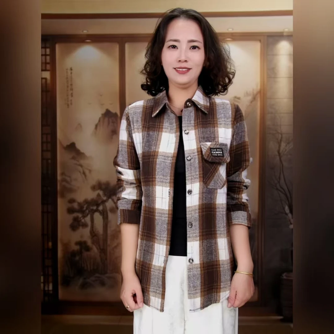 单排多扣毛呢格子长袖春秋衬衫中老年春秋外套宽松上衣