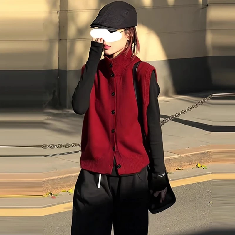 高级感立领单排扣设计无袖针织衫女2025春季新款气质减龄百搭马甲