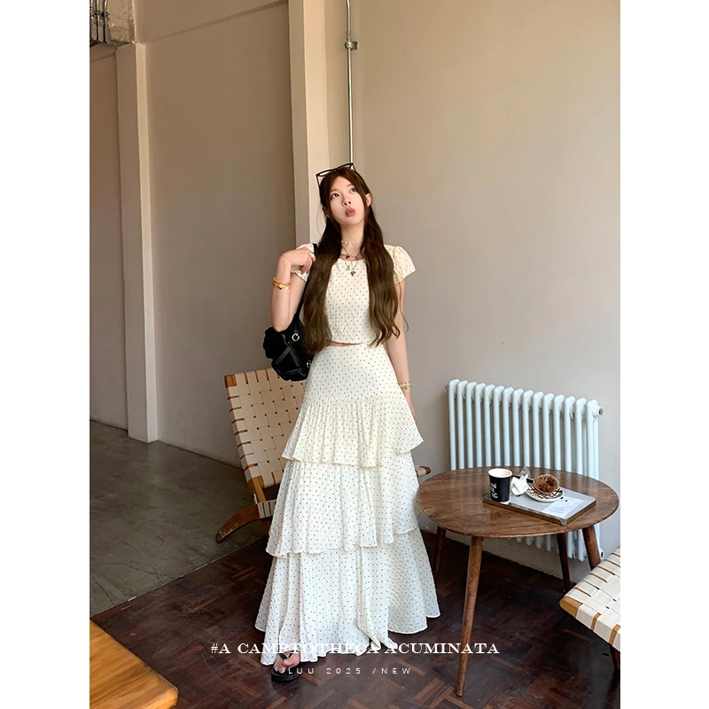 LUU桃喜儿/法式波点套装连衣裙女春夏白色a字长裙设计感裙子小众