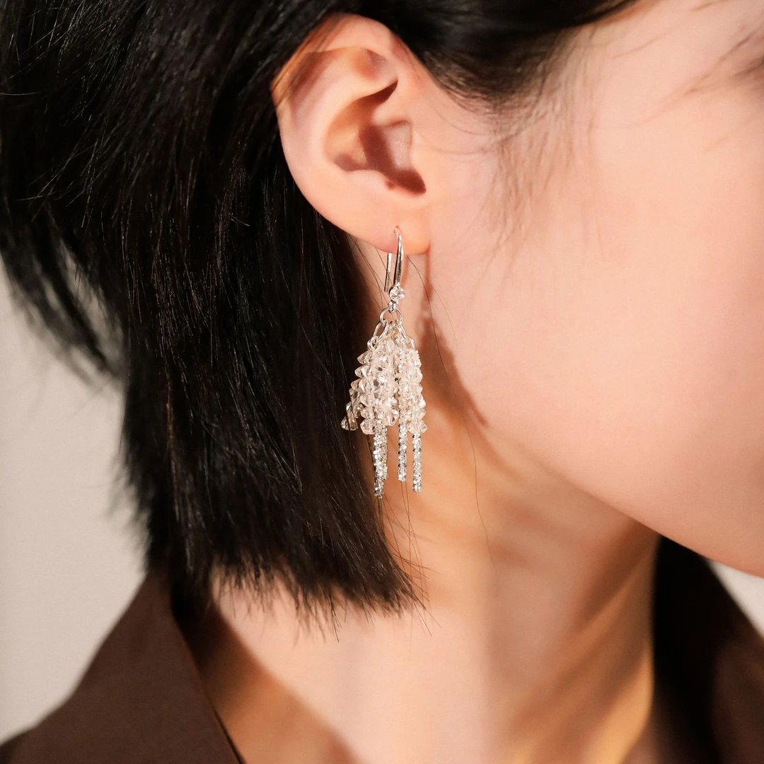 925银耳饰 E26458 大头姐 简约轻奢烟花玻璃珠流苏耳环