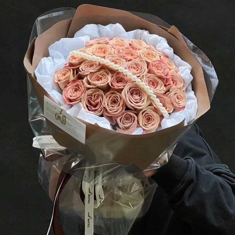 『你应该/会明白我的爱』33朵卡布奇诺玫瑰花小香风花束珍珠链款送女友送朋友生日礼物表白鲜花