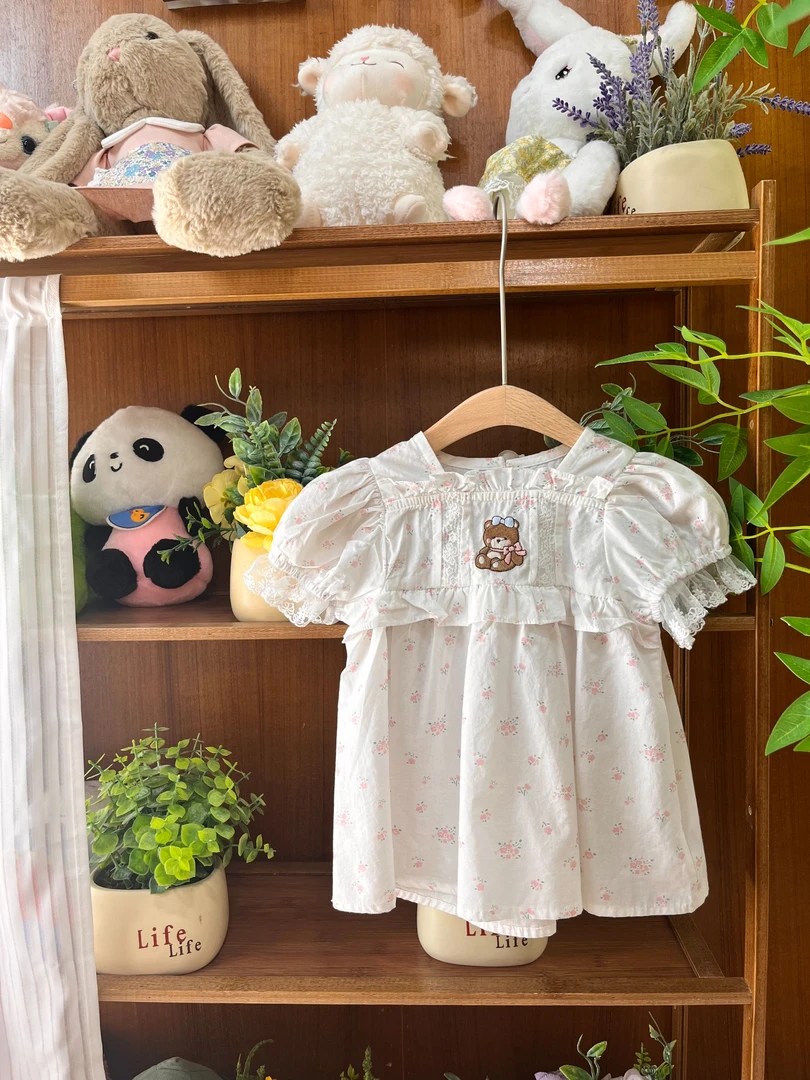 J201“塔塔熊'夏2025新款女童洋气时髦小清新蕾丝短袖上衣