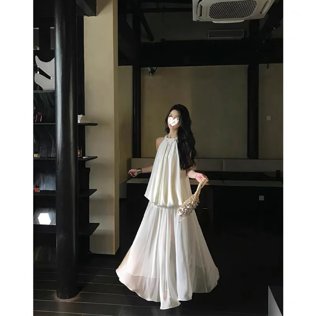 夏季新款挂脖无袖花苞上衣+时尚百搭高腰显瘦半身裙两件套装