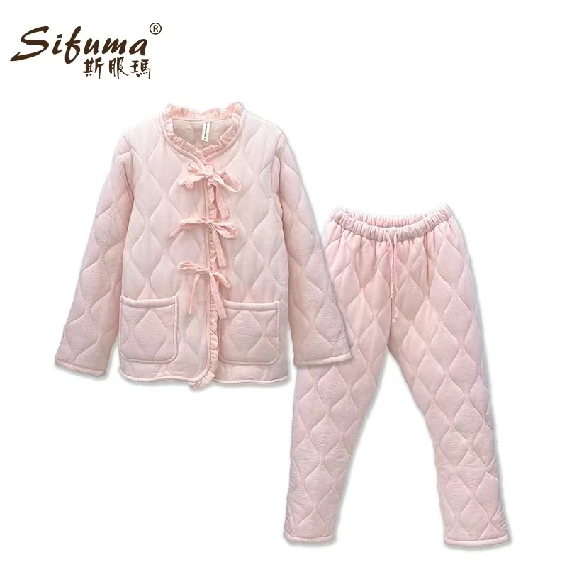 516【秀秀家】冬季上新《双色斯服码》三层夹棉保暖睡衣套装家居服