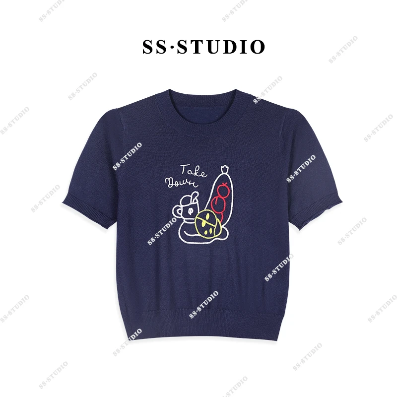 【SUSU】春夏新款字母卡通刺绣圆领百搭休闲短袖针织上衣SS-5079