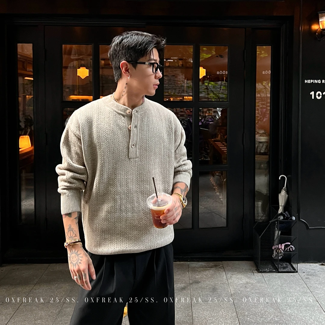 OXFREAK「人字纹提花」老钱风复古亨利领毛衣男高级感内搭针织衫