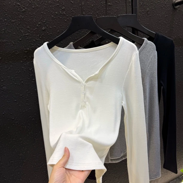 百搭低领打底衫女春秋白色长袖针织棉上衣外穿半开领修身T恤319#