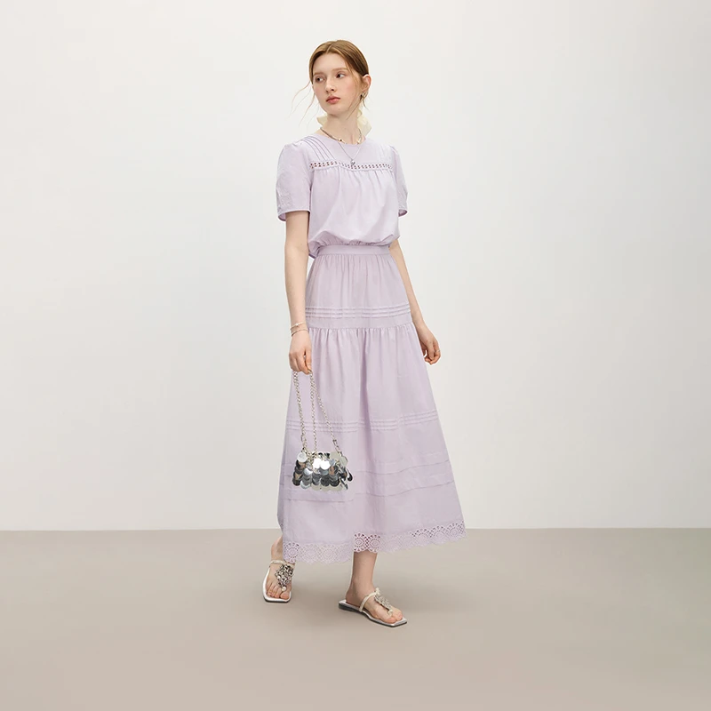 范思蓝恩后腰镂空连衣裙女2025夏新款小众蕾丝拼接长裙25FS12675