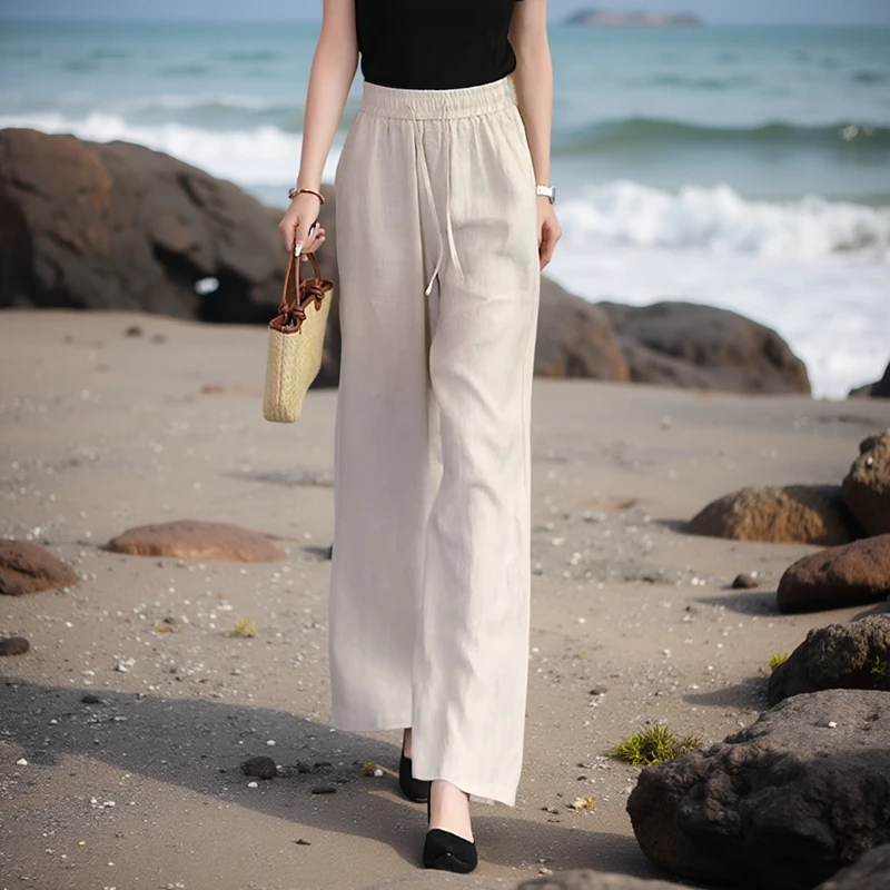 天丝亚麻裤女夏薄款2025新款杏色长裤高腰显瘦洋气妈妈休闲阔腿裤