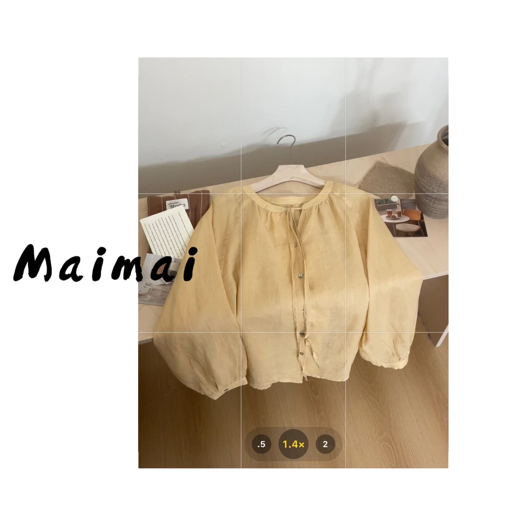 买买 【缃叶】韩系100苎麻法式温柔系带罩衫圆领衬衫