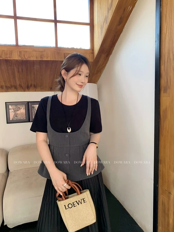 现货9475X大婉酱肉肉微胖定制【牛津叠影】拼接荷叶下摆时尚上衣