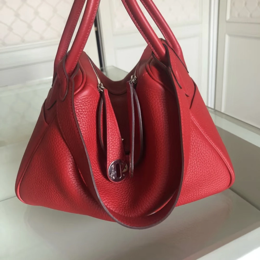 99新 Hermes/爱马仕 lindy26国旗红银扣tc皮T单肩包