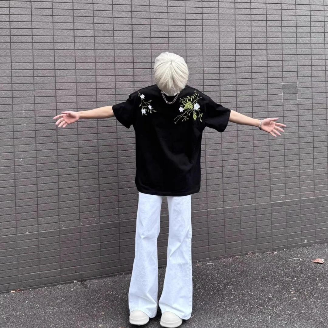 韩版圆领印花上衣薄款打底衫黑色短袖T恤男春夏季宽松加大码