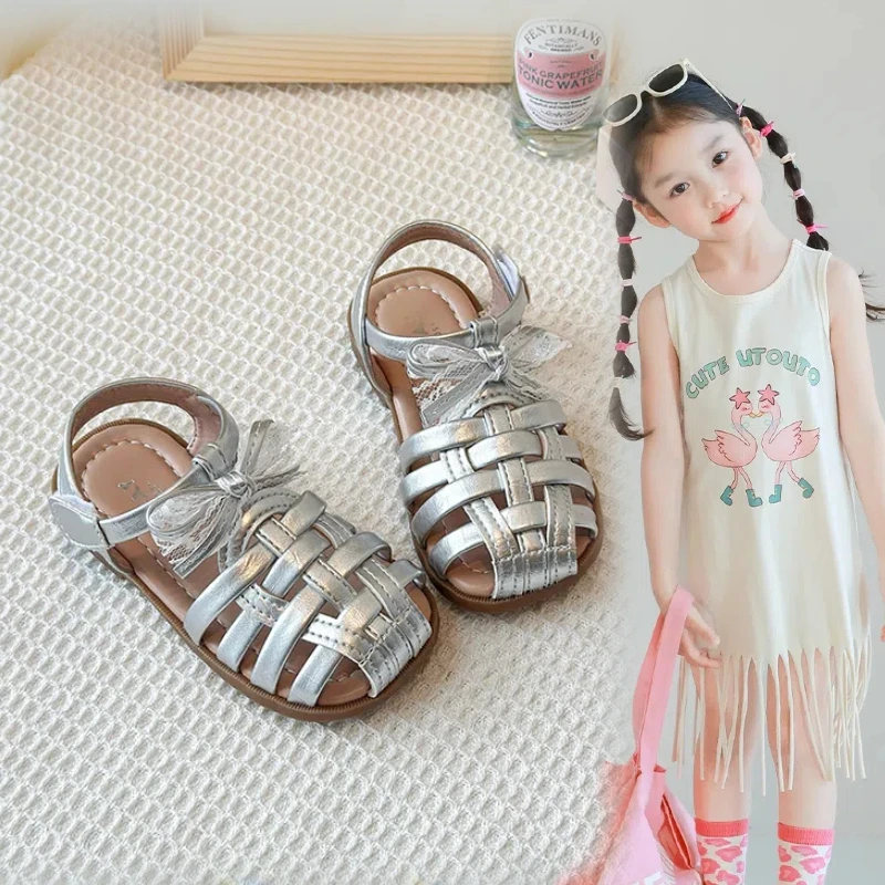 ABC女童包头凉鞋2025新款编织蝴蝶结公主鞋韩版小女孩软底沙滩鞋